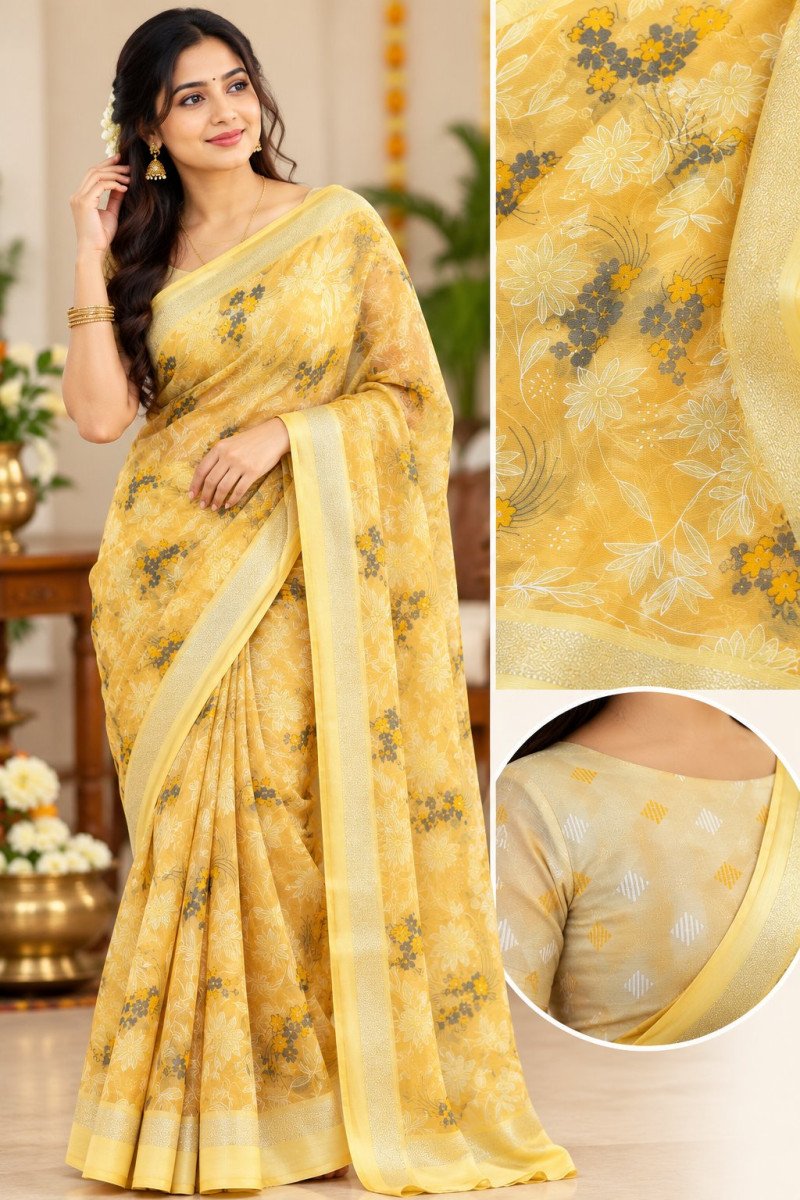 Mustard Bloom Floral Georgette Saree
